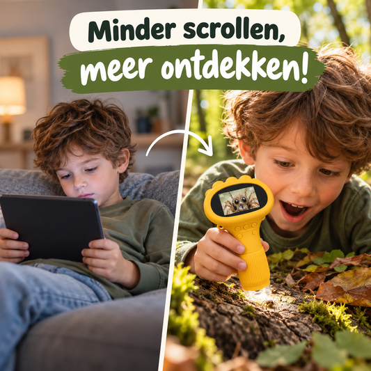 Minder scrollen, meer ontdekken: kind legt de tablet weg en ontdekt de natuur met de DigiScope
