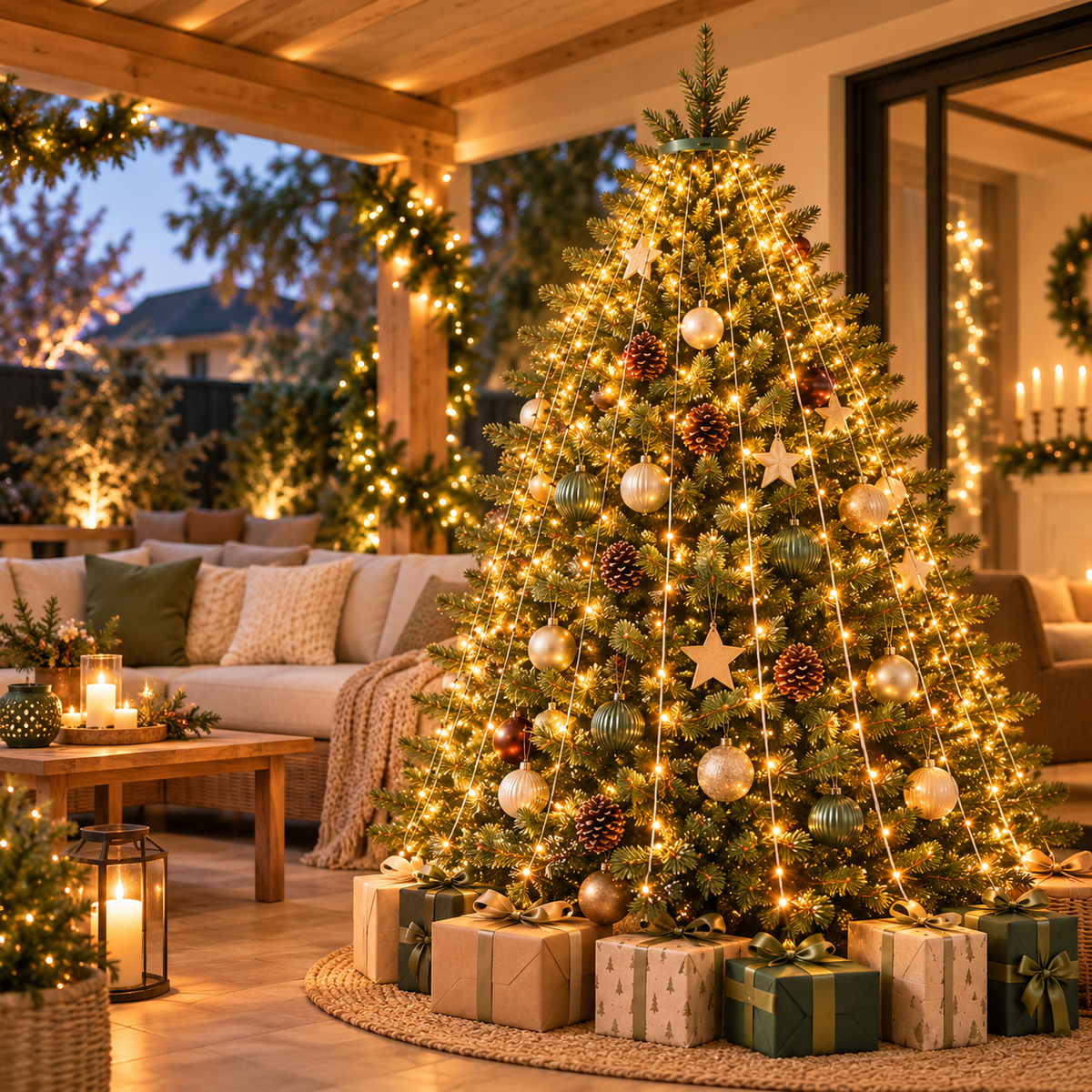 Waterbestendige kerstboom ringverlichting in een kerstboom op een overdekt terras