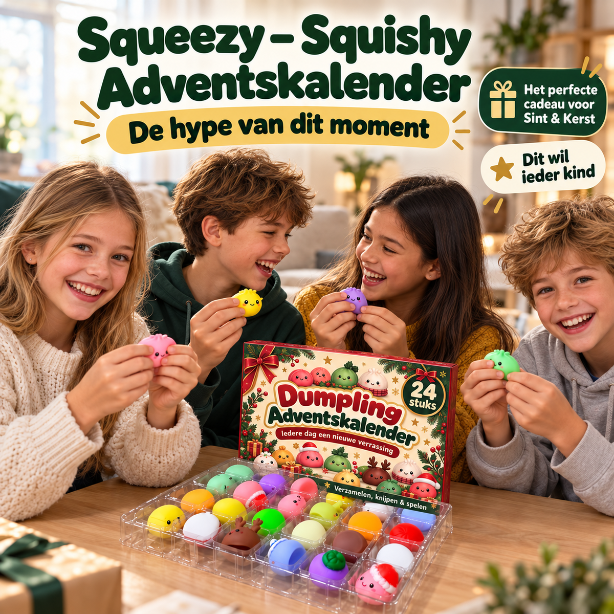Blije kinderen spelen met de squishy's uit de adventskalender