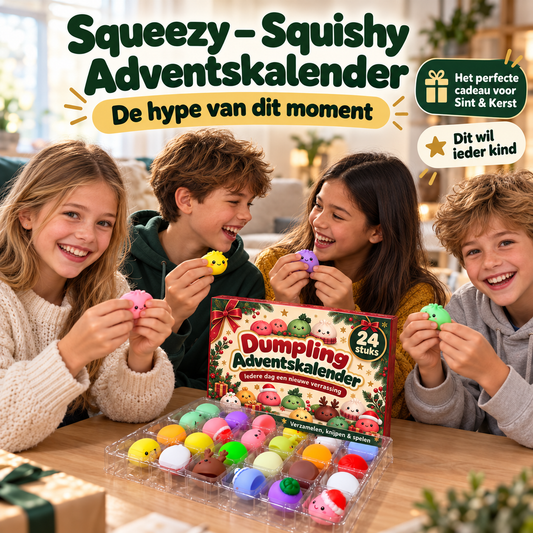 Blije kinderen spelen met de squishy's uit de adventskalender.