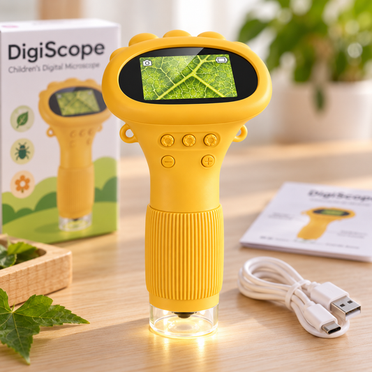 DigiScope digitale microscoop voor kinderen met verpakking en oplaadkabel