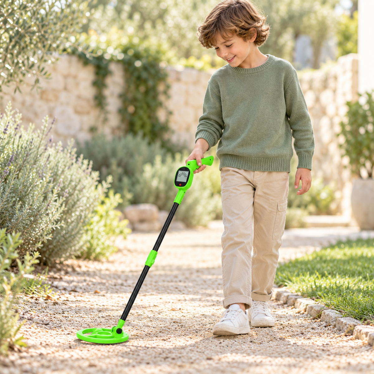 Kind gebruikt een groene Findy metaaldetector op een tuinpad