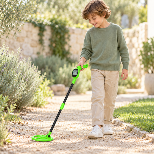 Kind gebruikt een groene Findy metaaldetector op een tuinpad