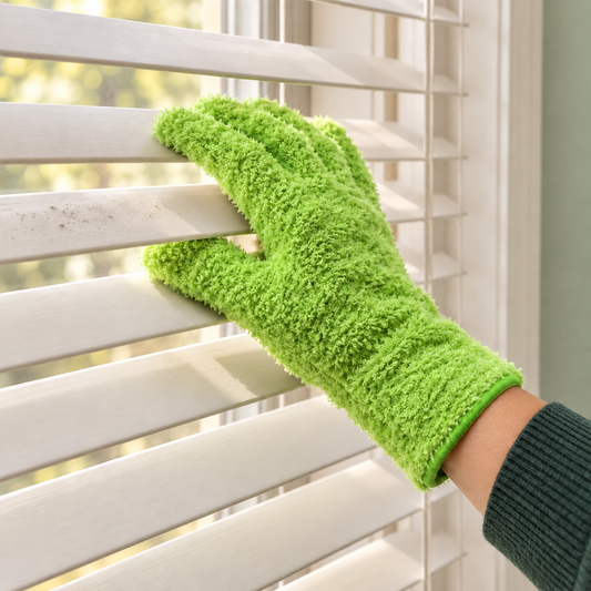 Jaloezieën afstoffen met de Stoffy microvezel schoonmaakhandschoen