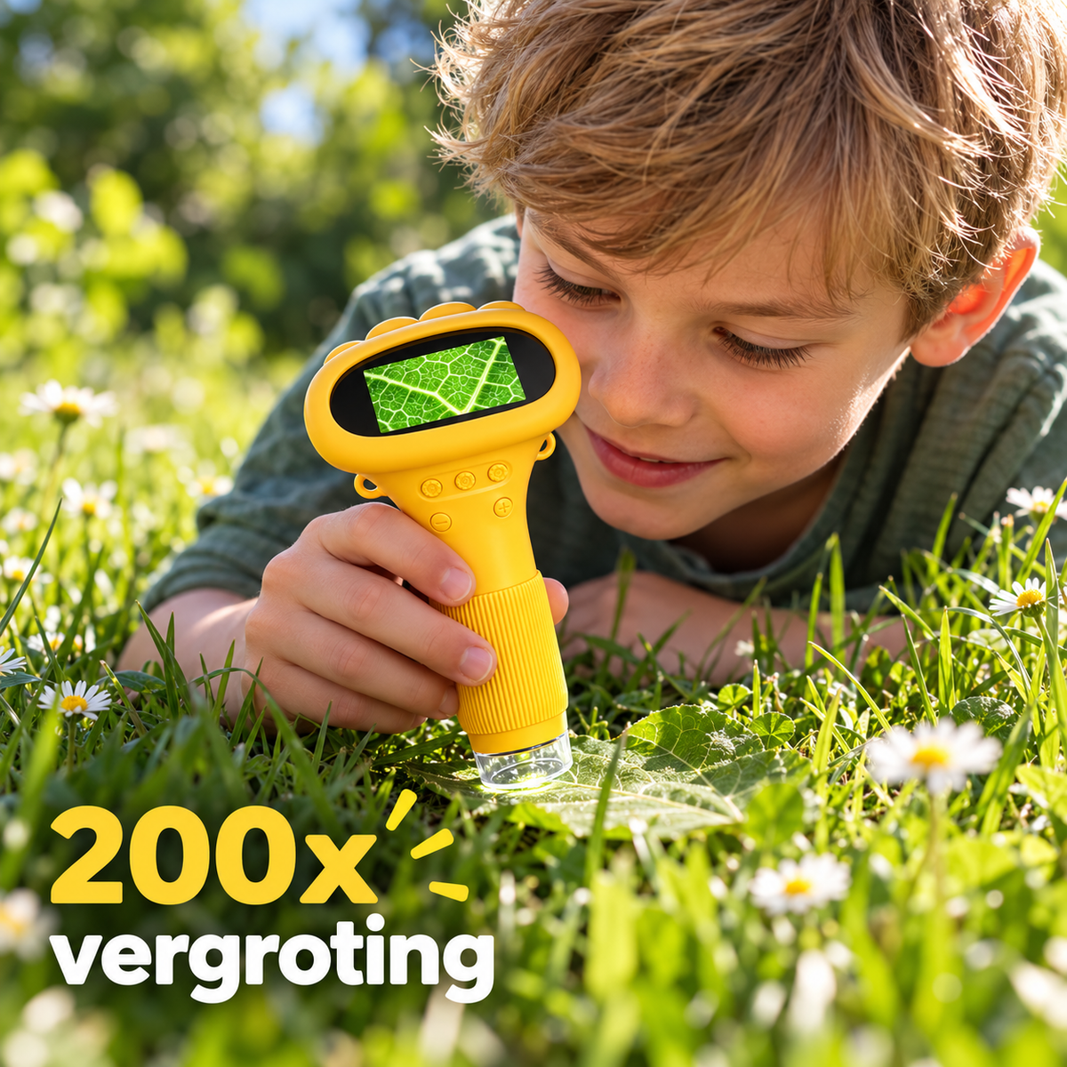 Jongen bekijkt gras met de DigiScope digitale microscoop met 200x vergroting