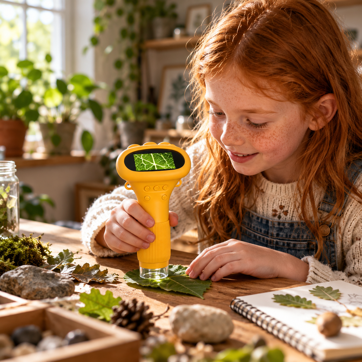 Meisje bekijkt een blad met de gele DigiScope digitale microscoop aan tafel