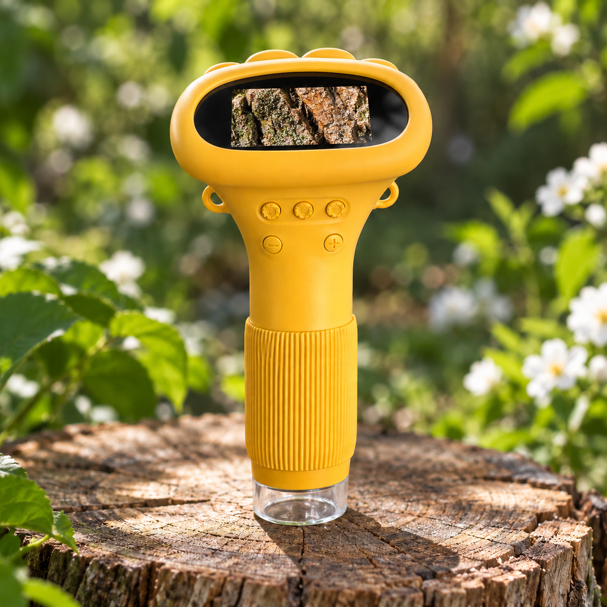 Gele DigiScope digitale microscoop voor kinderen op een boomstronk