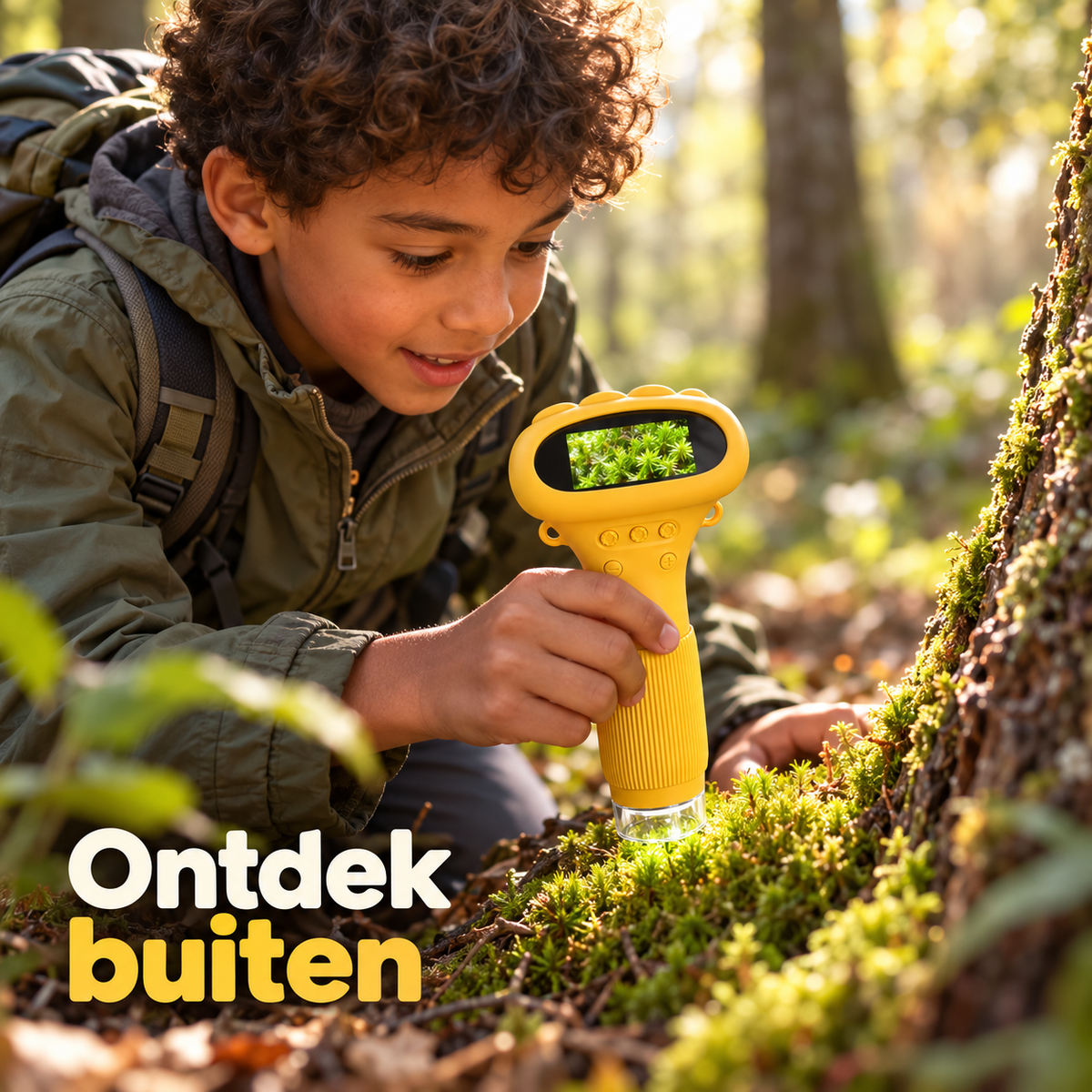 Jongen ontdekt mos in het bos met de DigiScope digitale microscoop