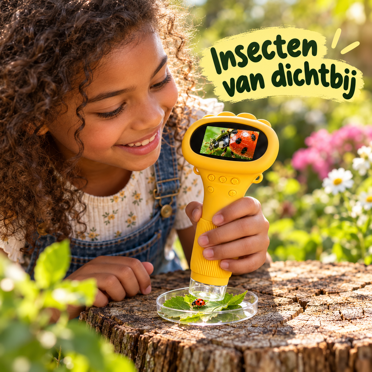 Meisje bekijkt een lieveheersbeestje van dichtbij met de DigiScope