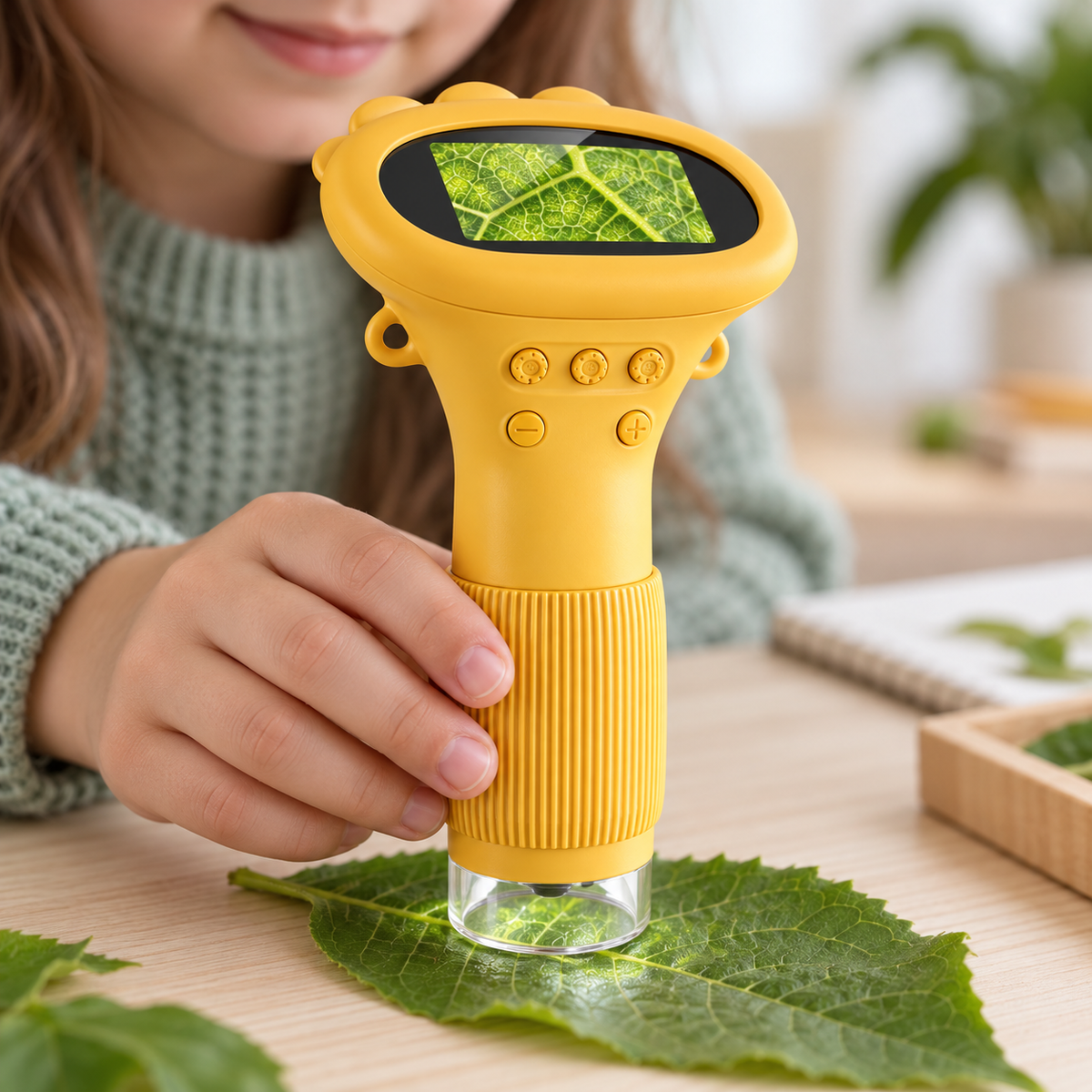 Kind bekijkt een blad met de gele DigiScope digitale microscoop