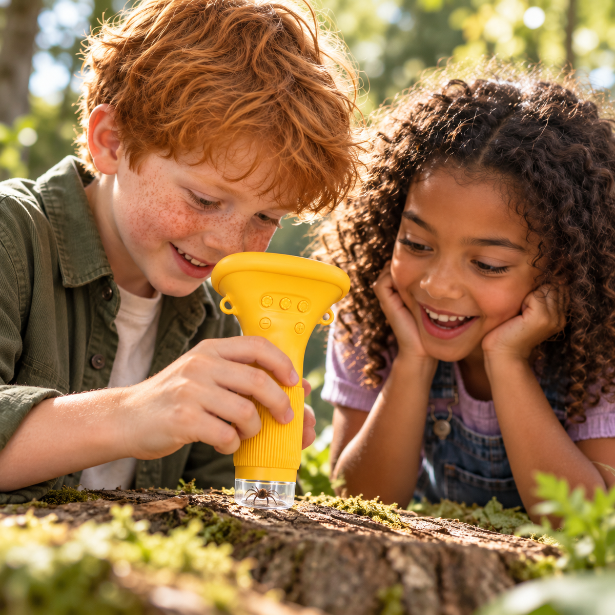 Twee kinderen ontdekken samen een spin met de DigiScope microscoop
