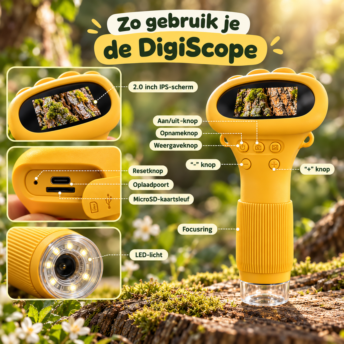 Zo gebruik je de DigiScope: scherm, knoppen, oplaadpoort, microSD-kaartsleuf en LED-licht