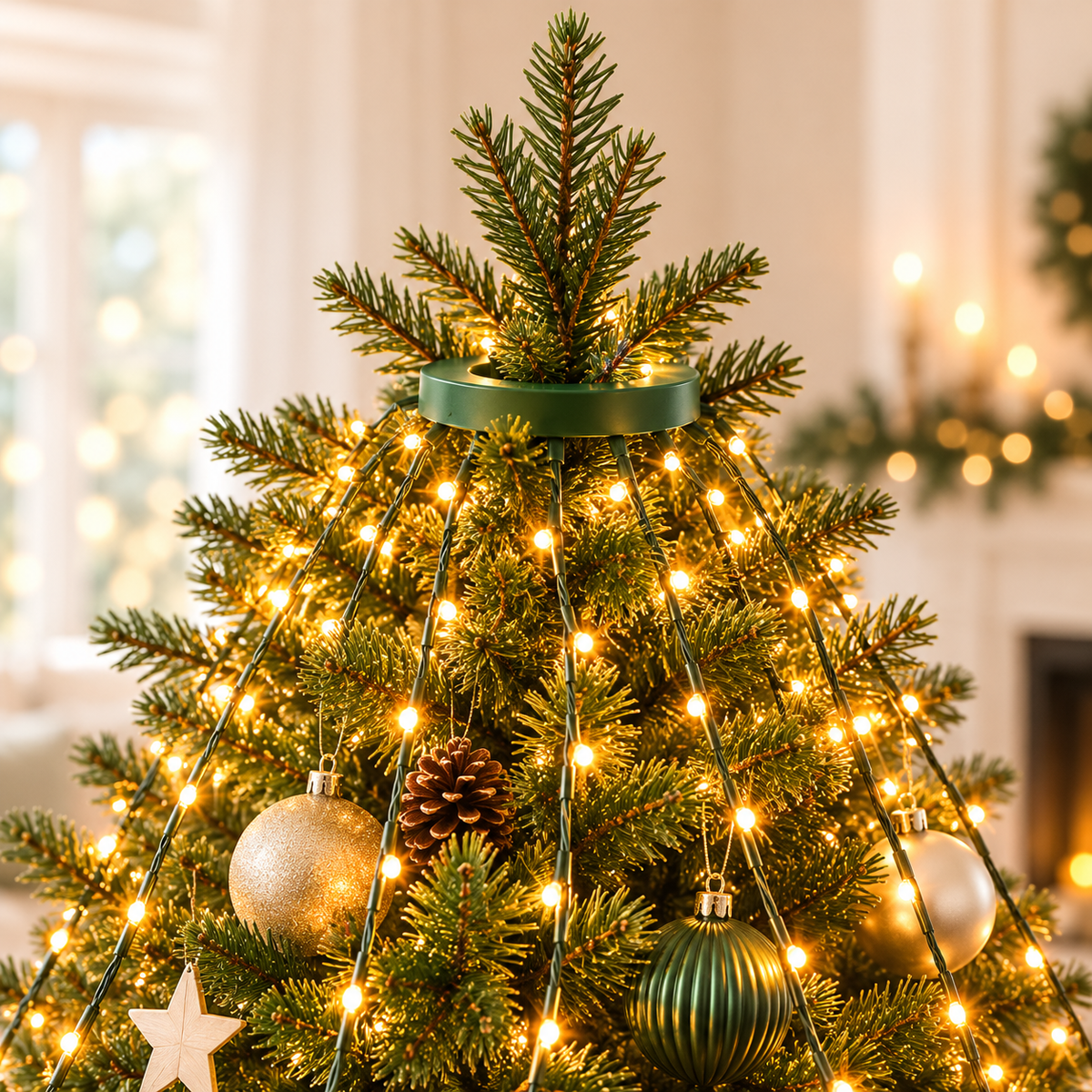 Groene ring van de kerstboom ringverlichting over de bovenste tak van de kerstboom