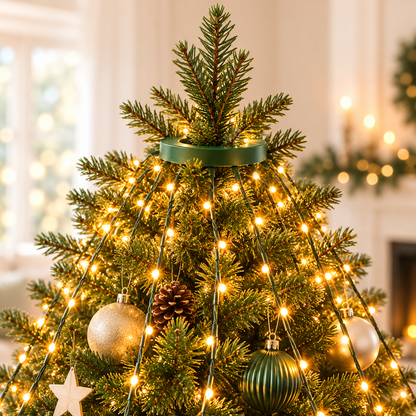 Groene ring van de kerstboom ringverlichting over de bovenste tak van de kerstboom