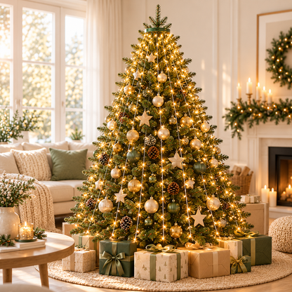 Kerstboom Ringverlichting in warm wit in een versierde kerstboom in de woonkamer