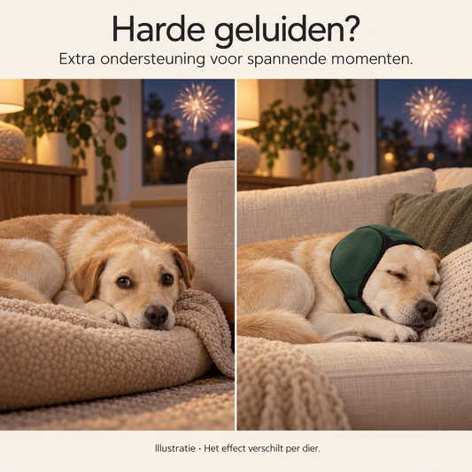 Hond schrikt van vuurwerk en ligt rustig met de Snoezy oorbeschermer