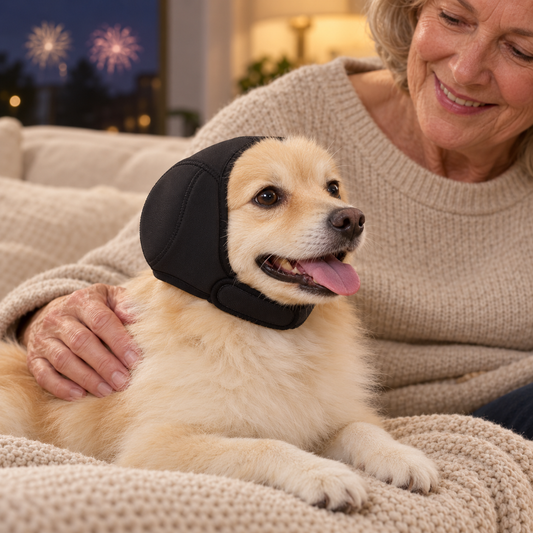 Hond met zwarte Snoezy oorbeschermer op de bank tijdens vuurwerk