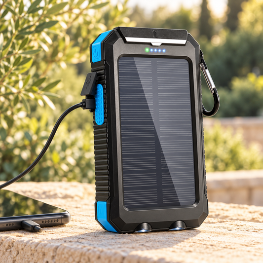 Zwart-blauwe solar powerbank met zonnepaneel en zaklamp naast een telefoon