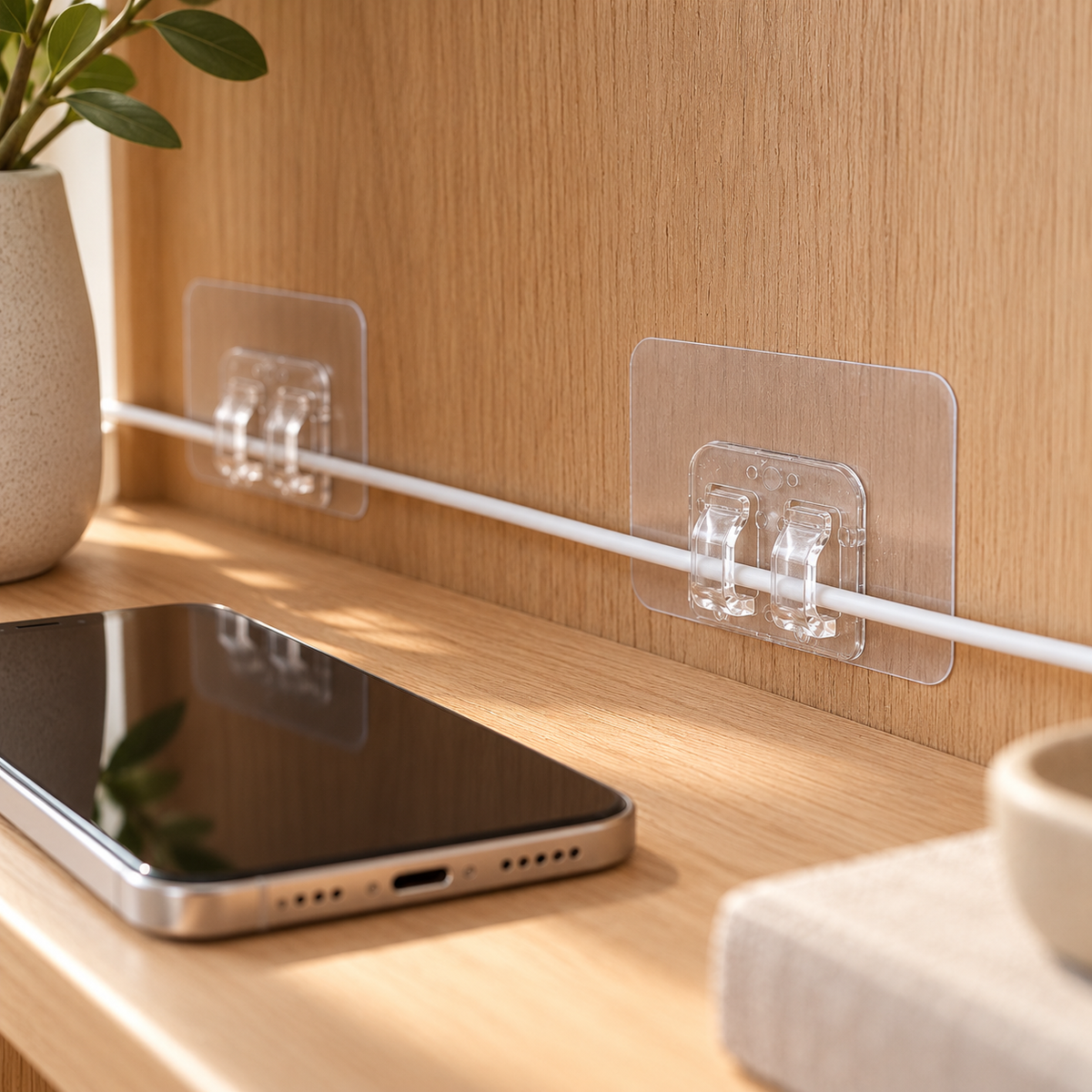 StickyClips Pro voor opladerkabels langs een bureau