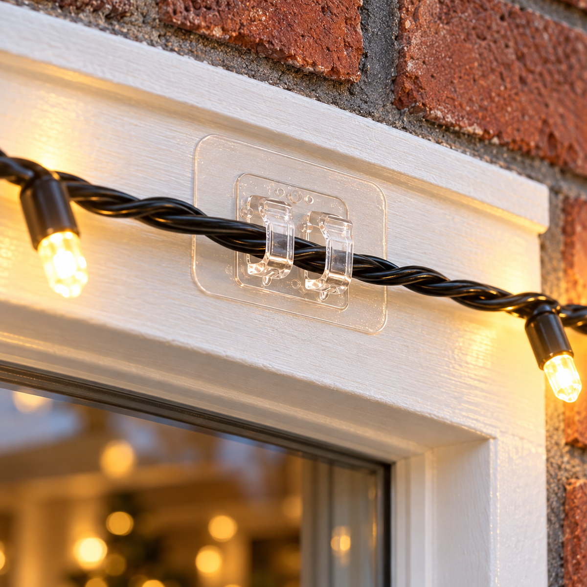 StickyClips Pro houden kerstverlichting strak op een kozijn
