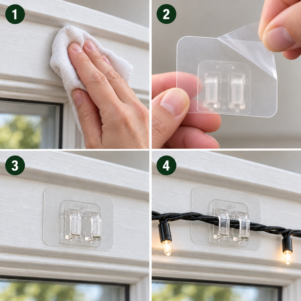 StickyClips Pro in 4 stappen plakken: schoonmaken, folie eraf, aandrukken, lampjes erin