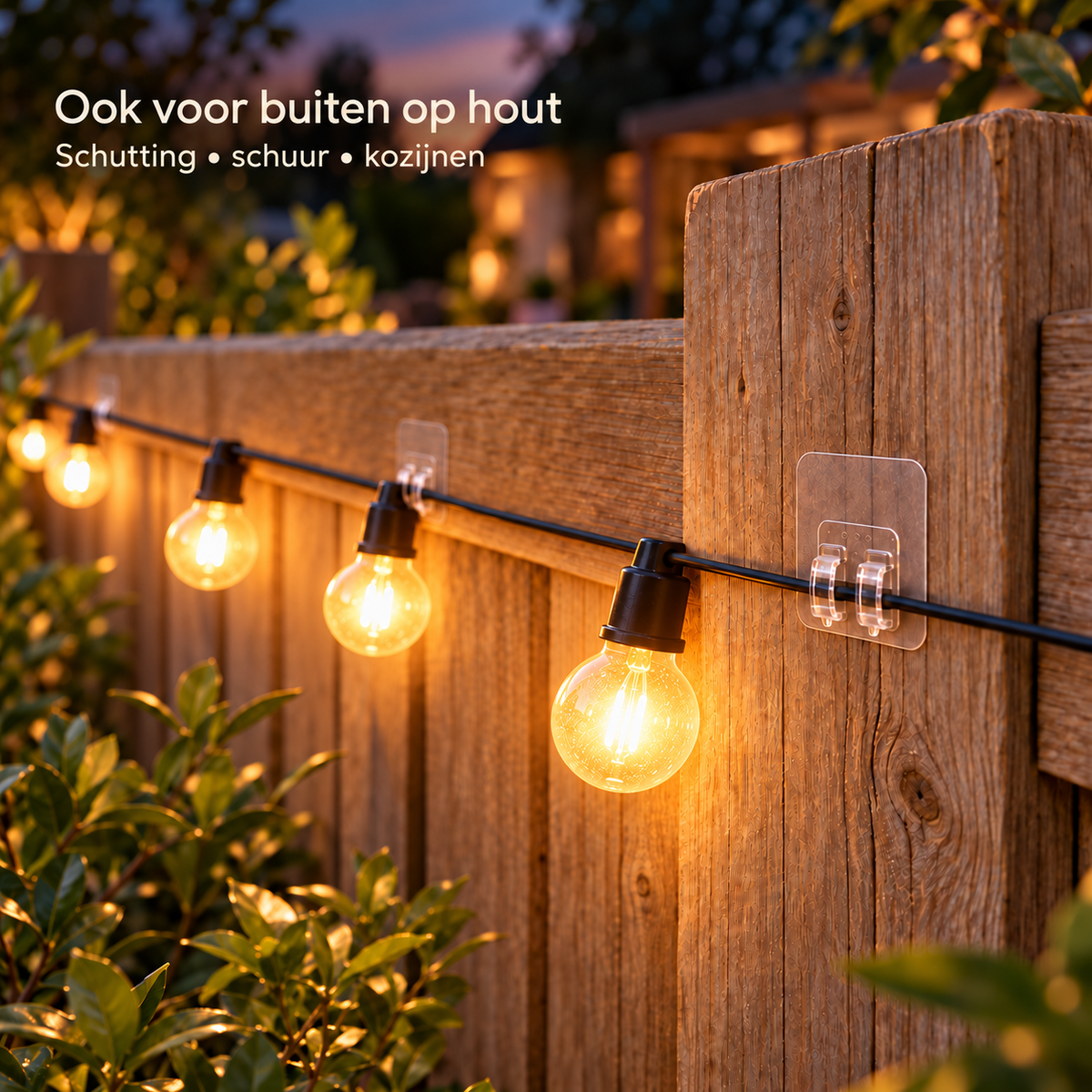 StickyClips Pro voor lampjes buiten op hout, schutting en schuur