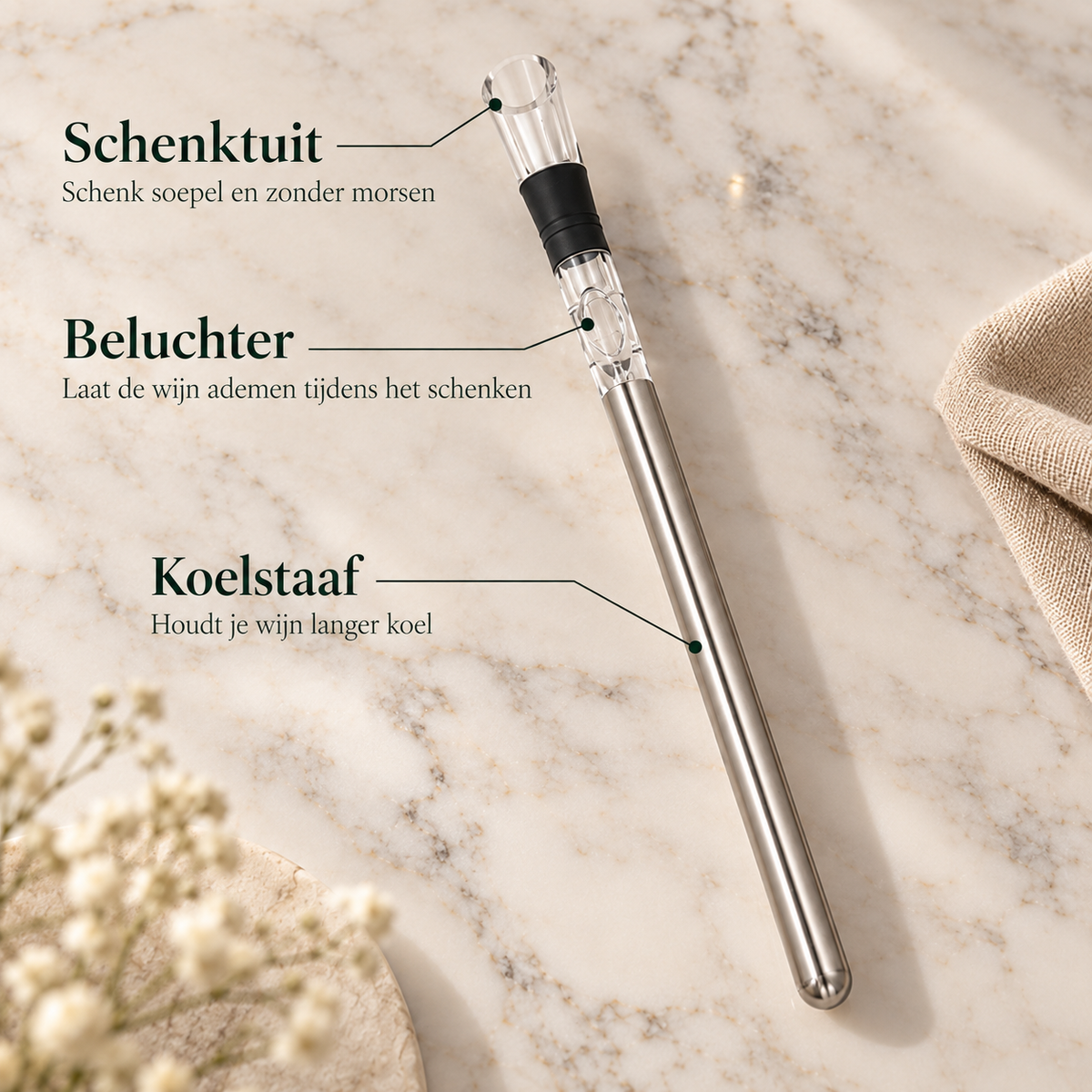 VinoChill met schenktuit, beluchter en koelstaaf