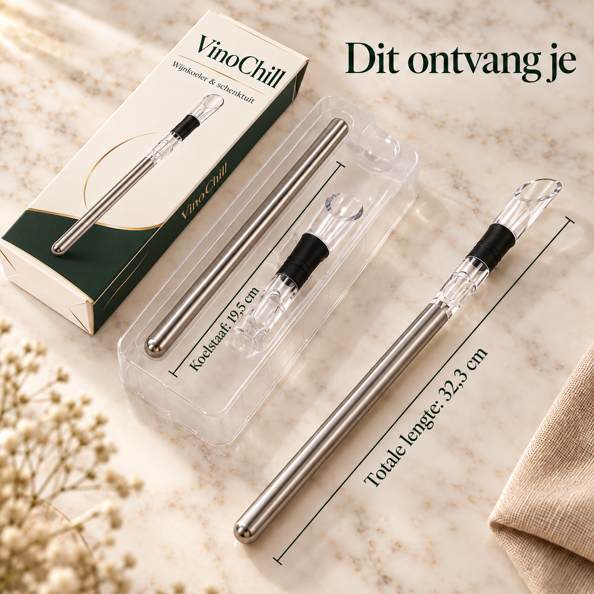 VinoChill wijnkoelstick in de productverpakking, totale lengte 32,3 cm