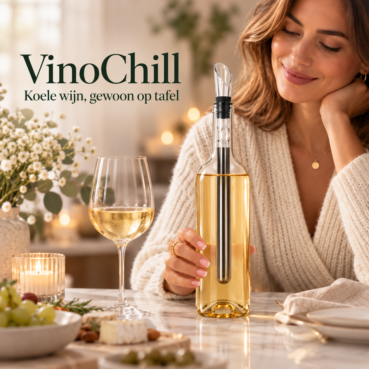 VinoChill RVS wijnkoelstick houdt witte wijn koel aan tafel