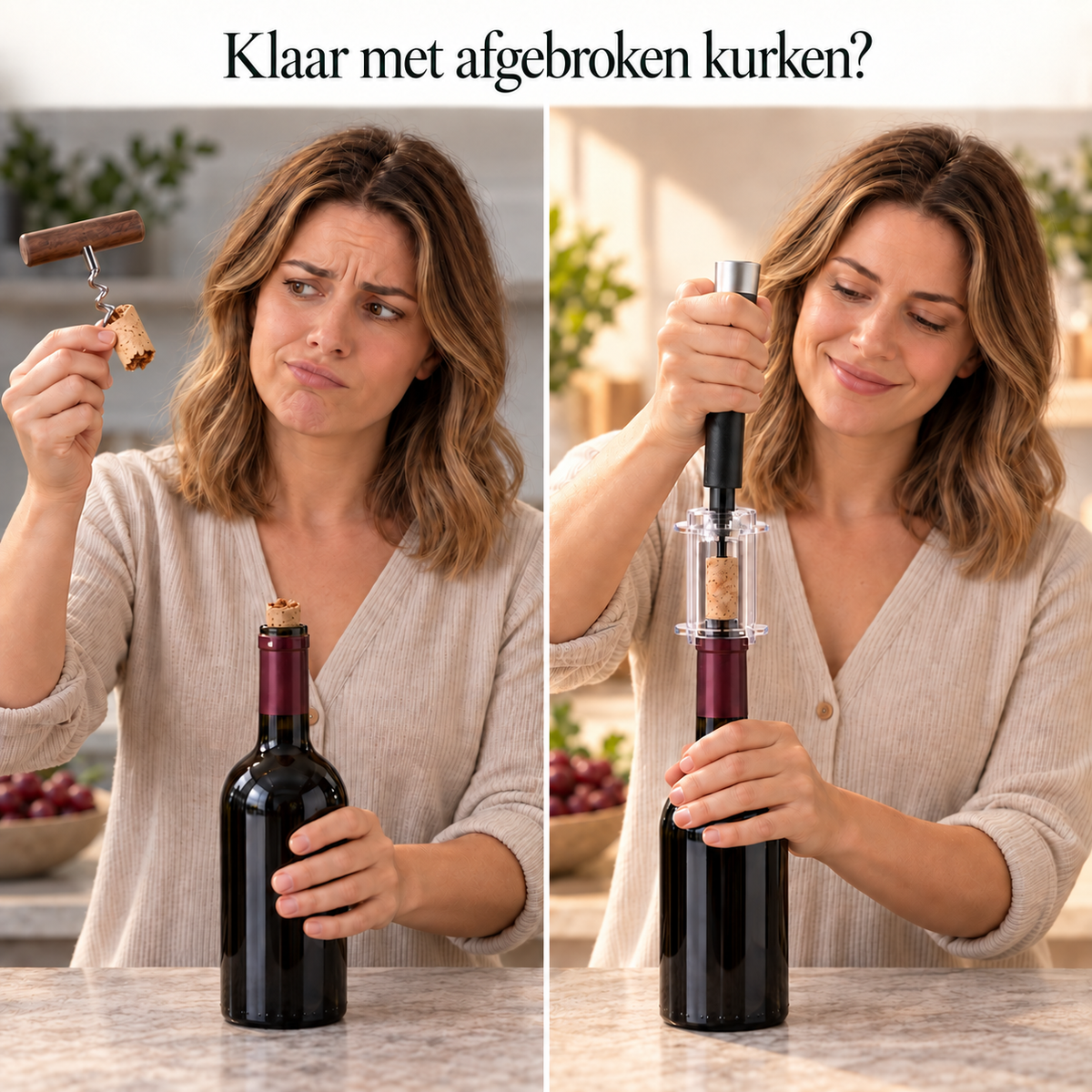 Afgebroken kurk tegenover moeiteloos ontkurken met de VinoPop