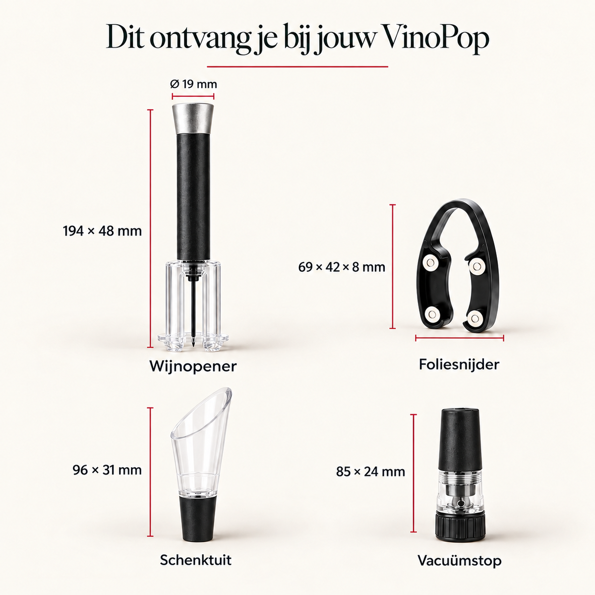 Afmetingen VinoPop wijnopener en foliesnijder