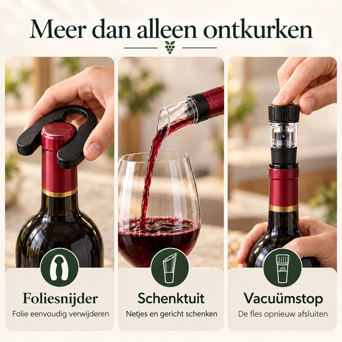 VinoPop foliesnijder, schenktuit en vacuümstop