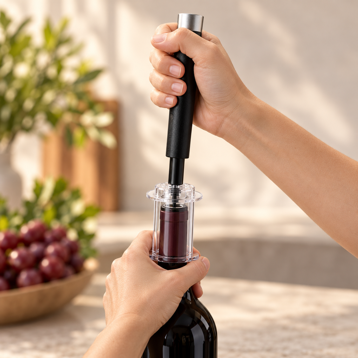 VinoPop kurkentrekker in gebruik op een fles rode wijn