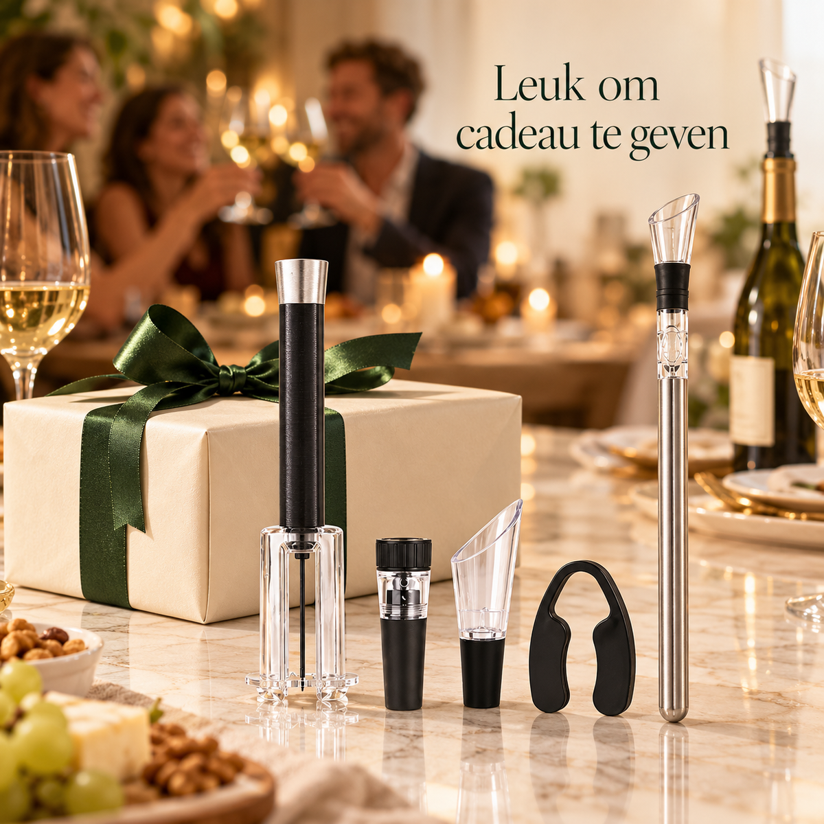 VinoSet cadeau: kurkentrekker, vacuümstop, schenktuit, foliesnijder en wijnkoelstick